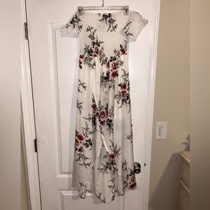 High-low, off-the-shoulder floral dress